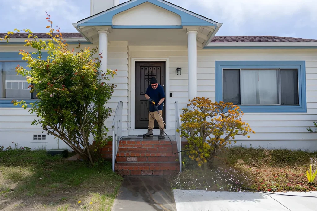 Professional house washing service cleaning residential siding with soft washing method