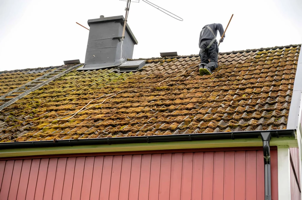 Professional moss removal service cleaning green moss from residential roof shingles