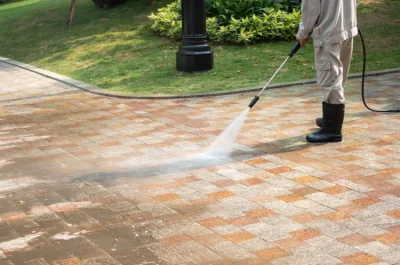 driveway-cleaning Technician using pressure washer for outdoor surface as part of deck and fence cleaning in Kirkland.